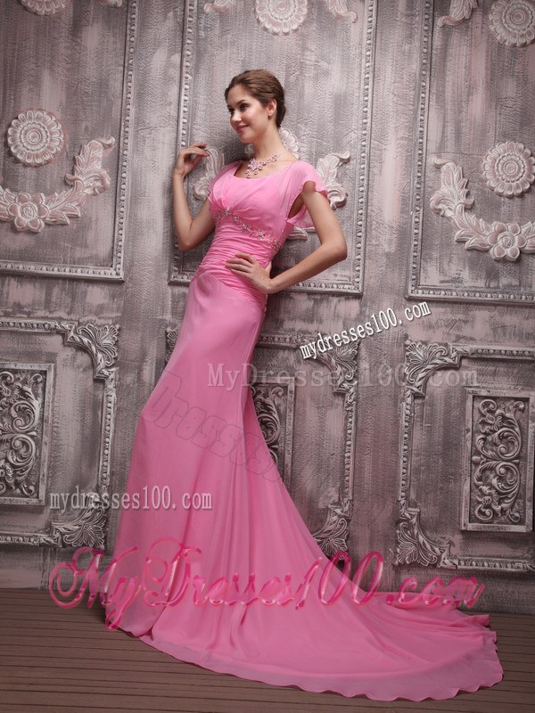 Rose Pink Empire V-neck Brush Train Beading Prom Celebrity Dress 2013