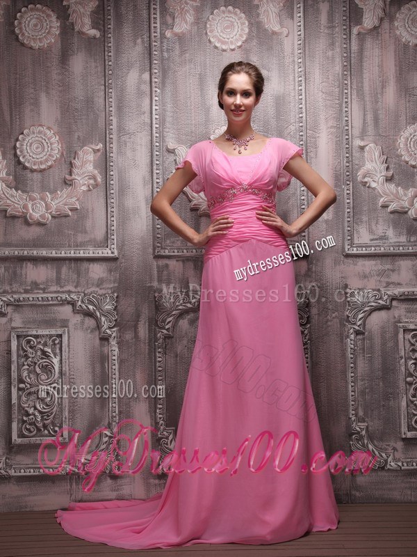 Rose Pink Empire V-neck Brush Train Beading Prom Celebrity Dress 2013