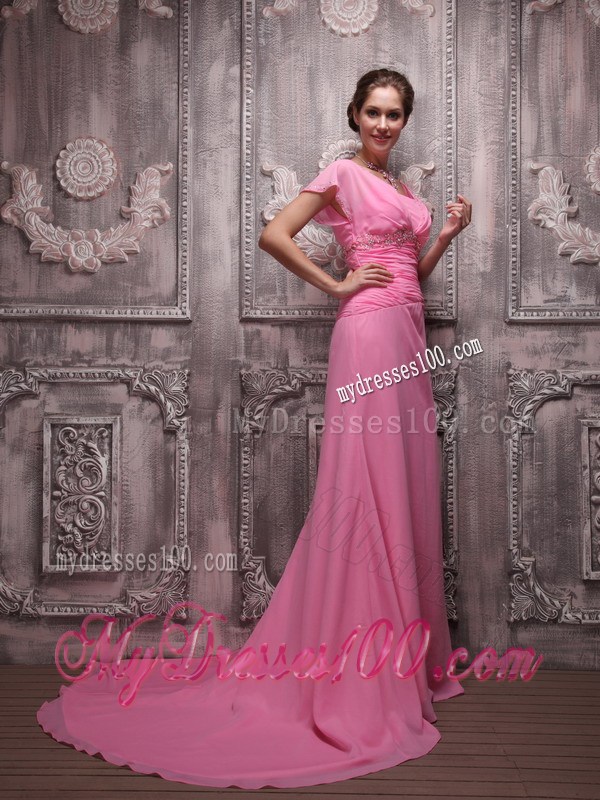 Rose Pink Empire V-neck Brush Train Beading Prom Celebrity Dress 2013