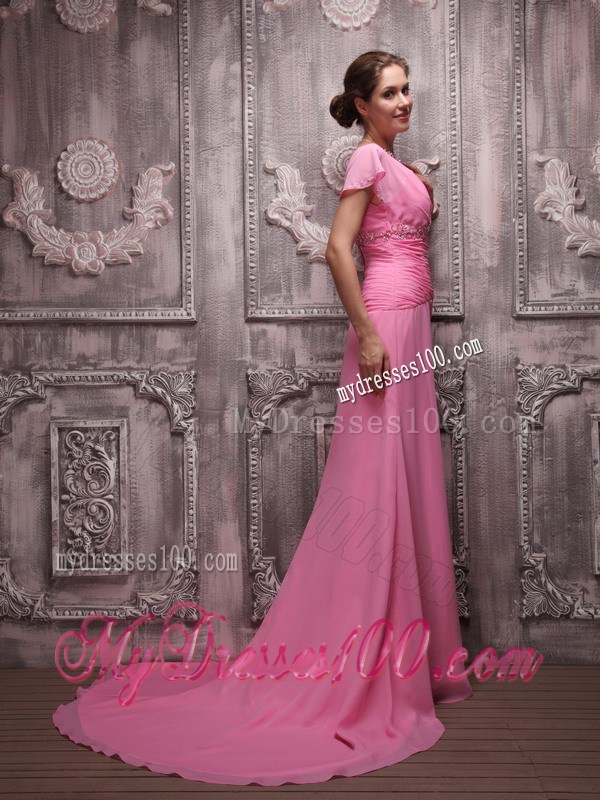 Rose Pink Empire V-neck Brush Train Beading Prom Celebrity Dress 2013