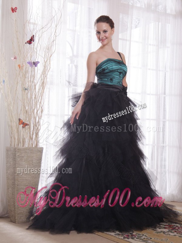 Black and Peacock Green One Shoulder Brush Train Ruched Celebrity Dress