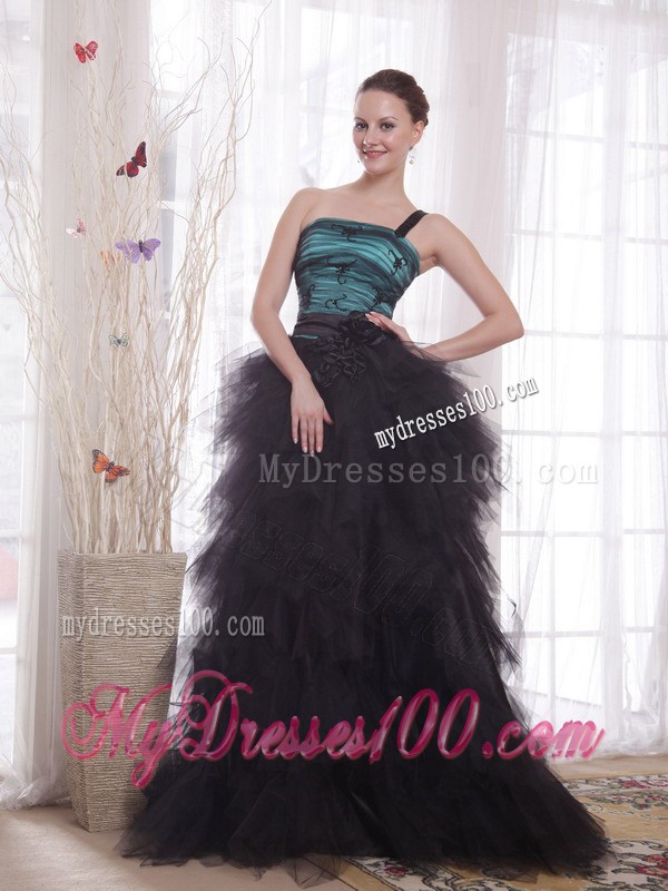 Black and Peacock Green One Shoulder Brush Train Ruched Celebrity Dress