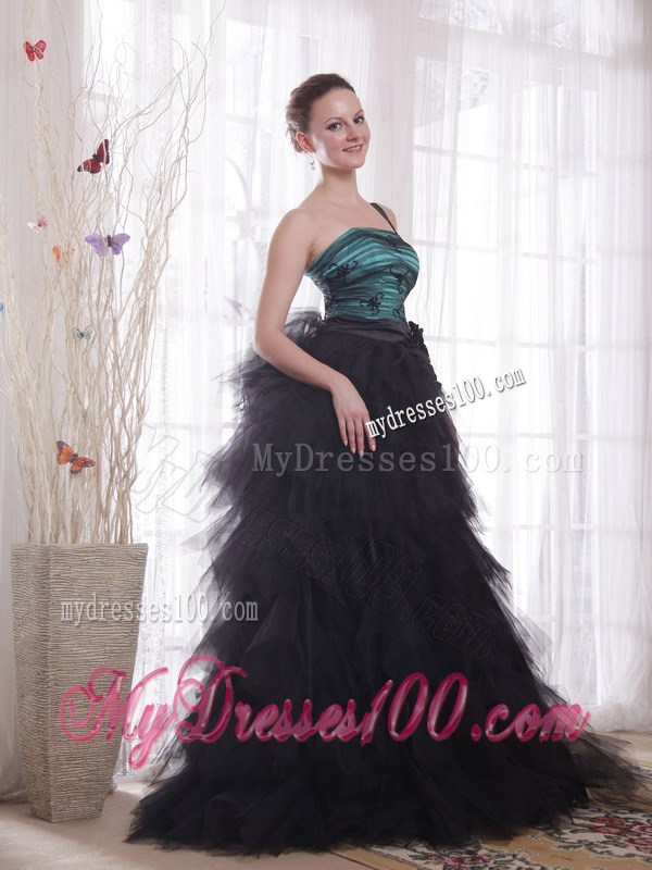 Black and Peacock Green One Shoulder Brush Train Ruched Celebrity Dress