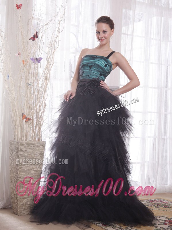 Black and Peacock Green One Shoulder Brush Train Ruched Celebrity Dress