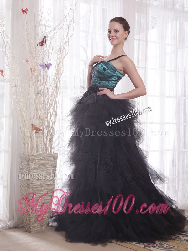 Black and Peacock Green One Shoulder Brush Train Ruched Celebrity Dress