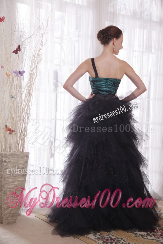 Black and Peacock Green One Shoulder Brush Train Ruched Celebrity Dress