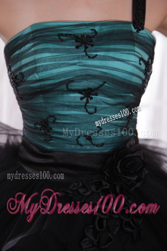 Black and Peacock Green One Shoulder Brush Train Ruched Celebrity Dress