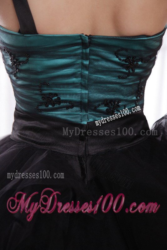 Black and Peacock Green One Shoulder Brush Train Ruched Celebrity Dress