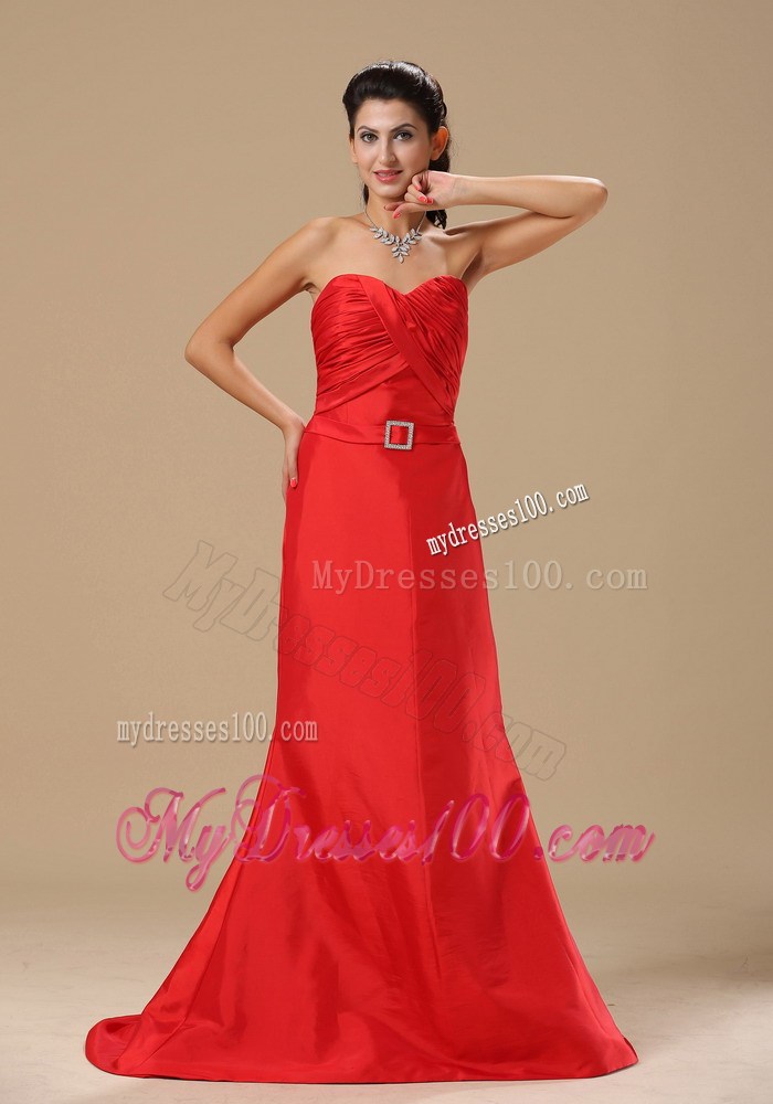 Ruched Decorate Bust Sash With Beading Red Celebrity Dress with Brush Train