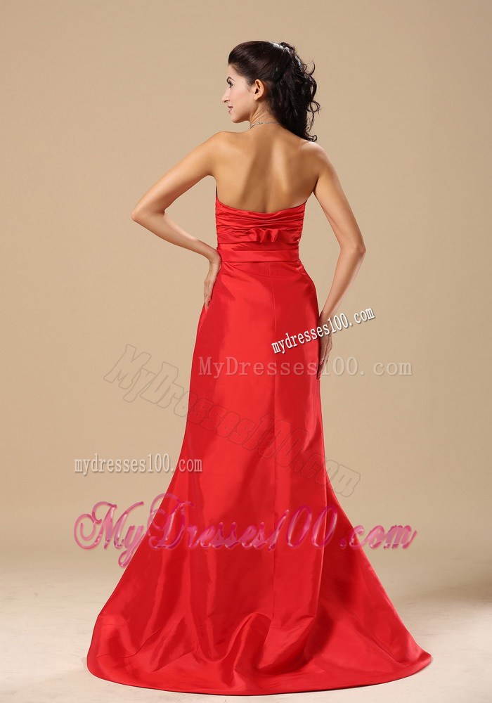 Ruched Decorate Bust Sash With Beading Red Celebrity Dress with Brush Train