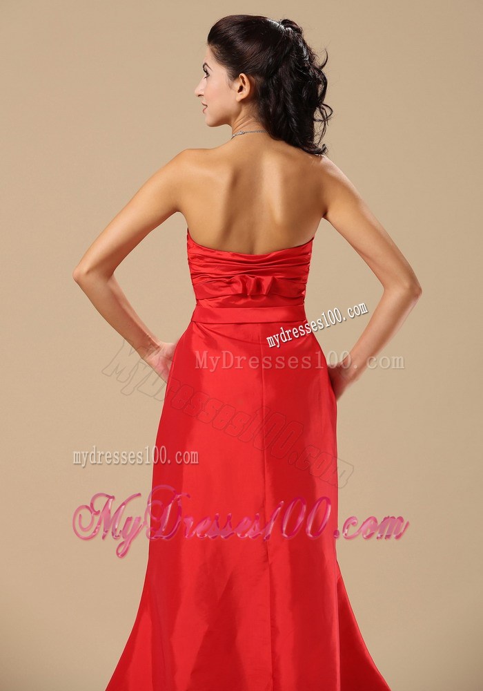 Ruched Decorate Bust Sash With Beading Red Celebrity Dress with Brush Train