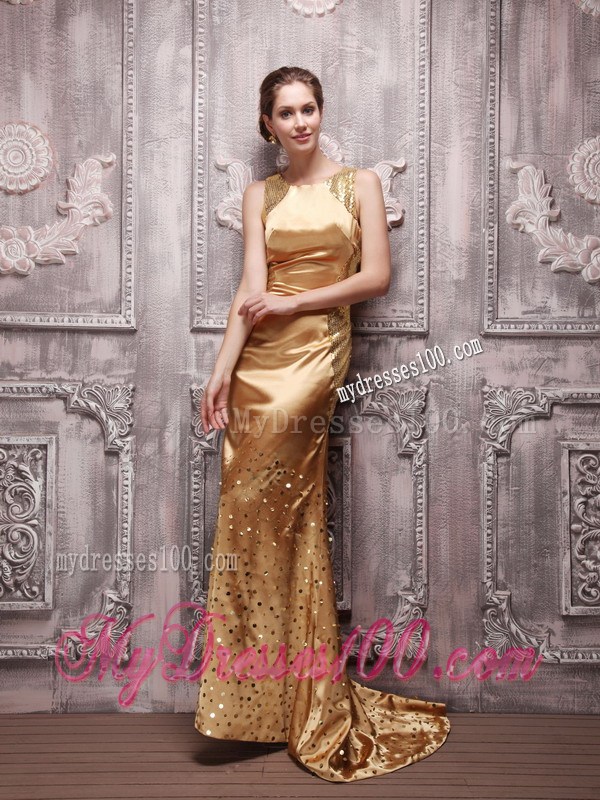 Gold Column Bateau Brush Train Sequin Beading Prom / Evening Dress
