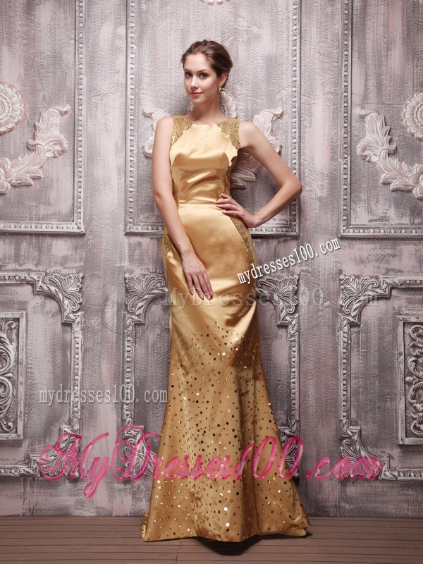 Gold Column Bateau Brush Train Sequin Beading Prom / Evening Dress