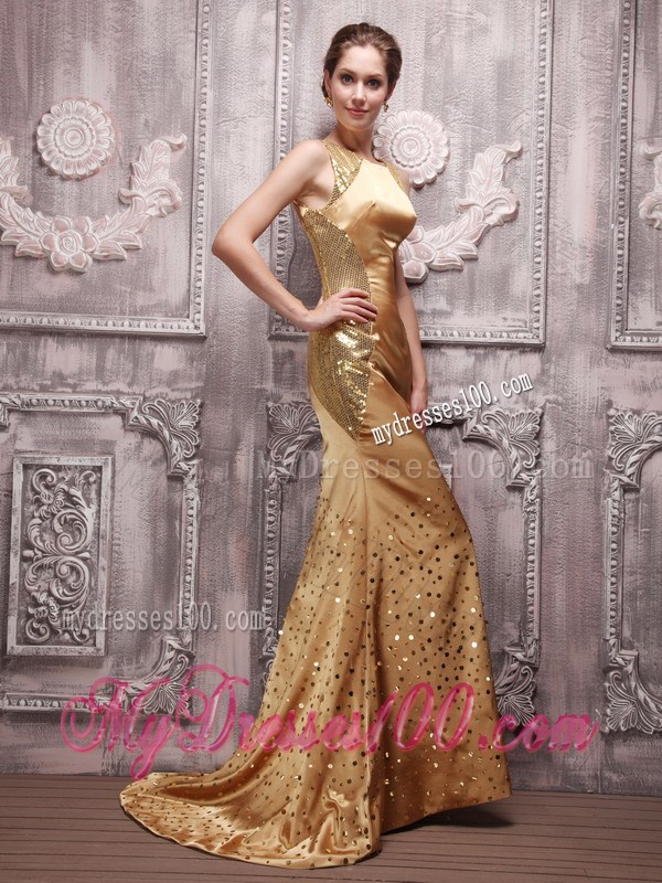 Gold Column Bateau Brush Train Sequin Beading Prom / Evening Dress