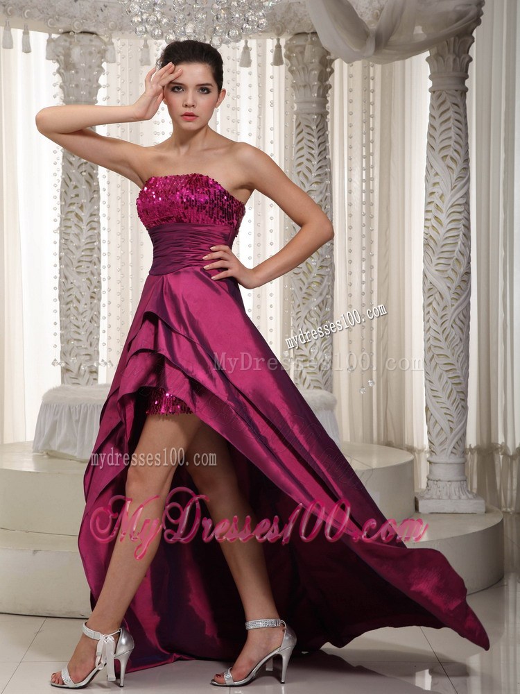 Wine Red A-line Strapless Asymmetrical Taffeta Sequins Prom Dress