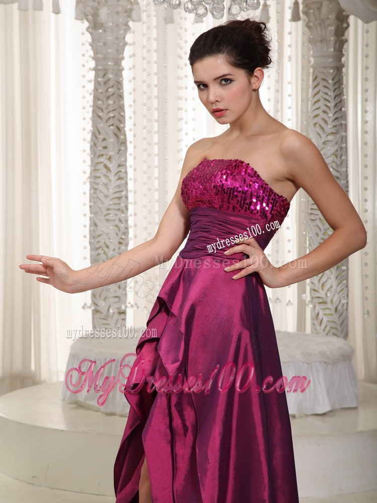 Wine Red A-line Strapless Asymmetrical Taffeta Sequins Prom Dress