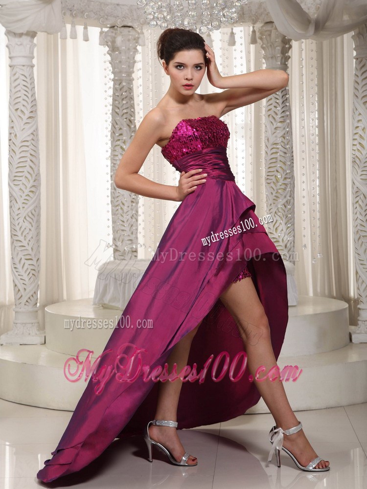 Wine Red A-line Strapless Asymmetrical Taffeta Sequins Prom Dress