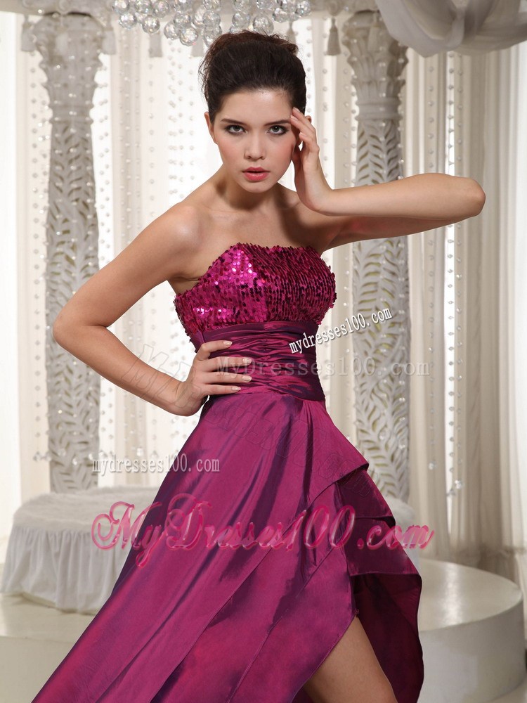 Wine Red A-line Strapless Asymmetrical Taffeta Sequins Prom Dress