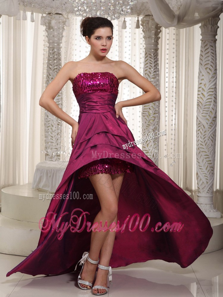 Wine Red A-line Strapless Asymmetrical Taffeta Sequins Prom Dress