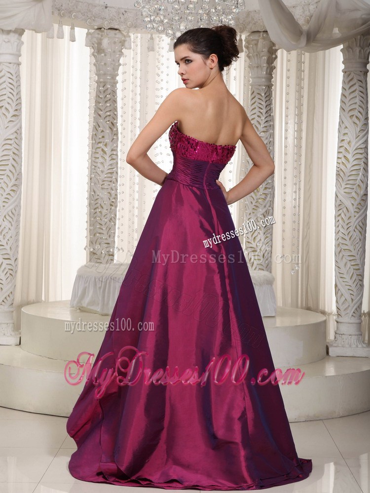 Wine Red A-line Strapless Asymmetrical Taffeta Sequins Prom Dress