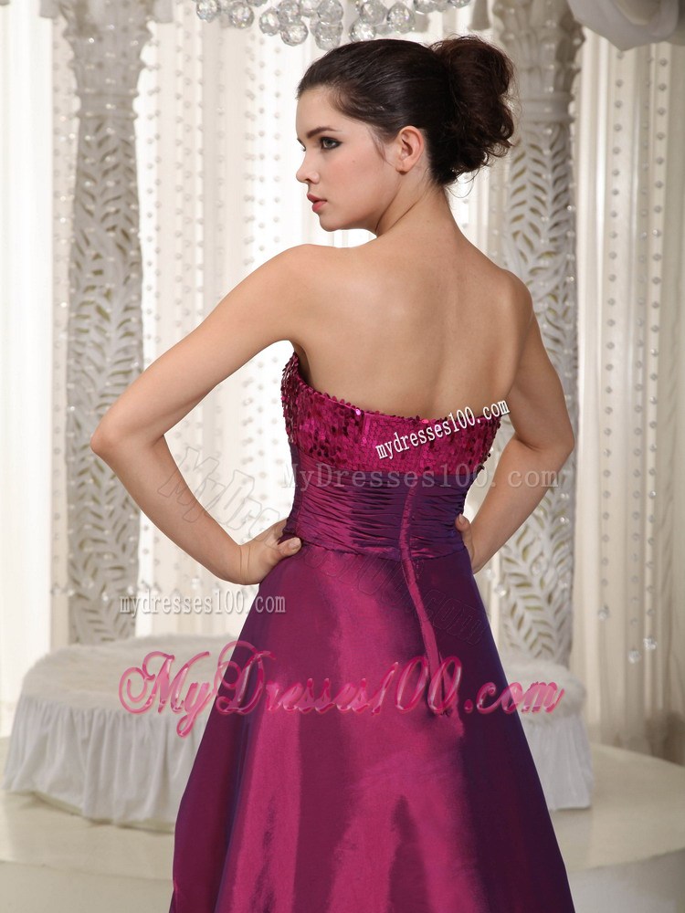 Wine Red A-line Strapless Asymmetrical Taffeta Sequins Prom Dress