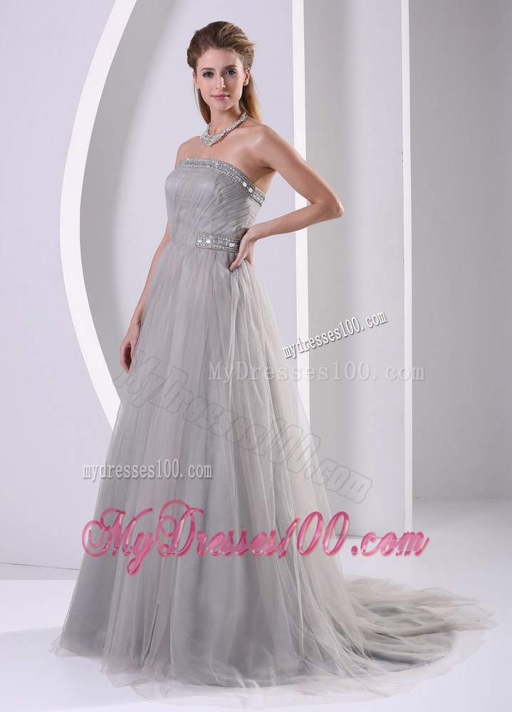 Grey Strapless Beaded Simple Celebrity Dress With Sweep Train