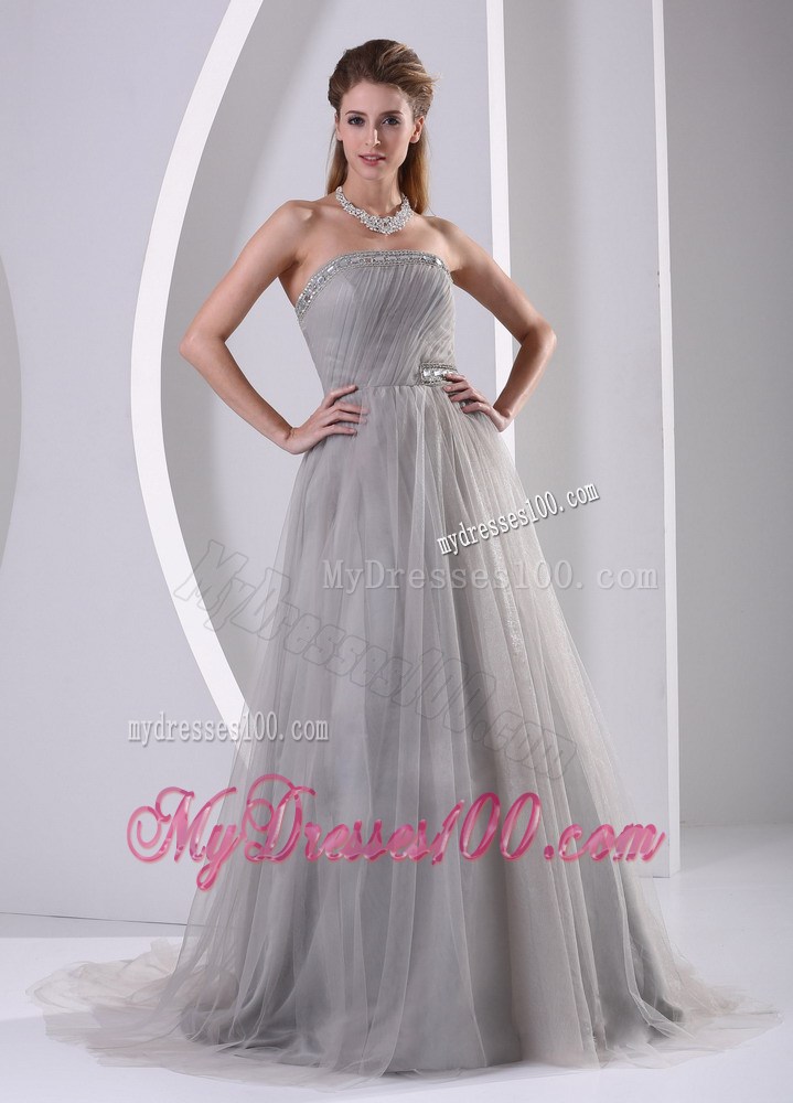 Grey Strapless Beaded Simple Celebrity Dress With Sweep Train