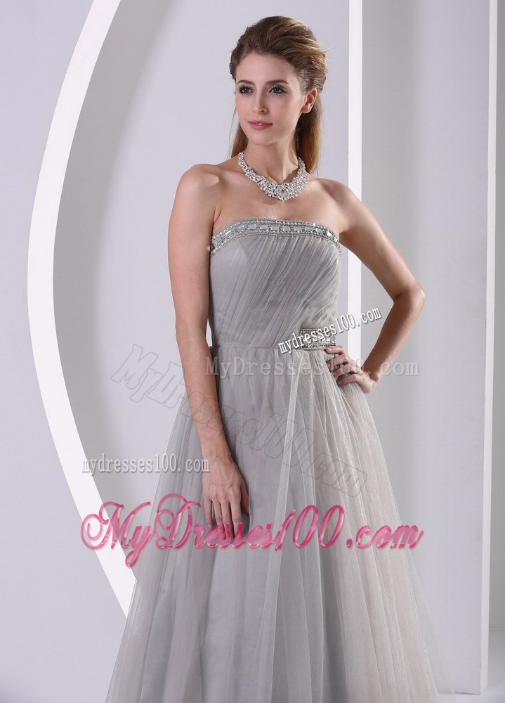 Grey Strapless Beaded Simple Celebrity Dress With Sweep Train