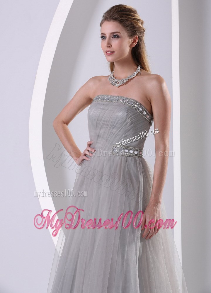 Grey Strapless Beaded Simple Celebrity Dress With Sweep Train