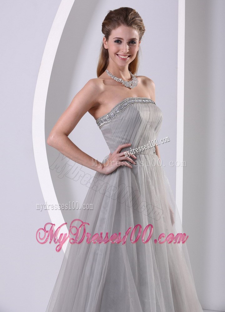 Grey Strapless Beaded Simple Celebrity Dress With Sweep Train
