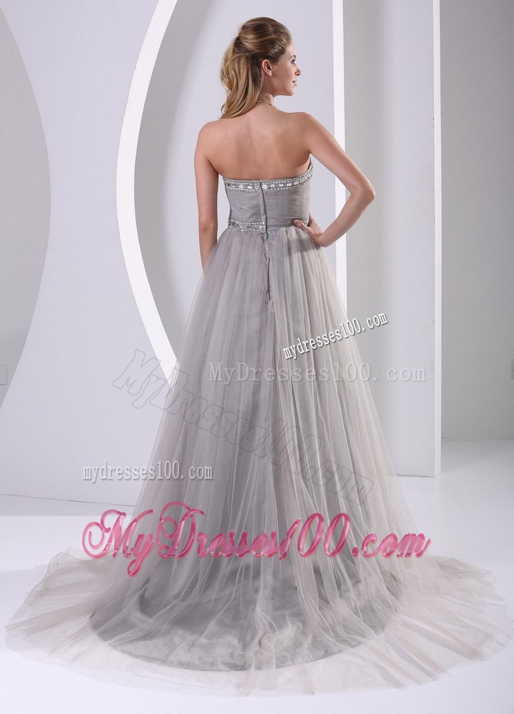 Grey Strapless Beaded Simple Celebrity Dress With Sweep Train