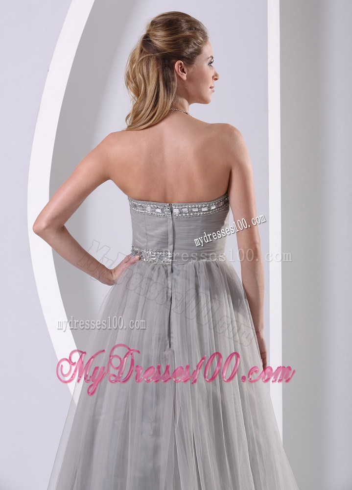Grey Strapless Beaded Simple Celebrity Dress With Sweep Train