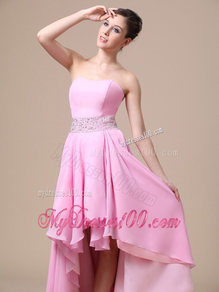 High-low Baby Pink and Beaded Decorate Waist For Prom / Evening Dress