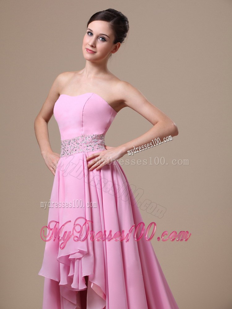 High-low Baby Pink and Beaded Decorate Waist For Prom / Evening Dress
