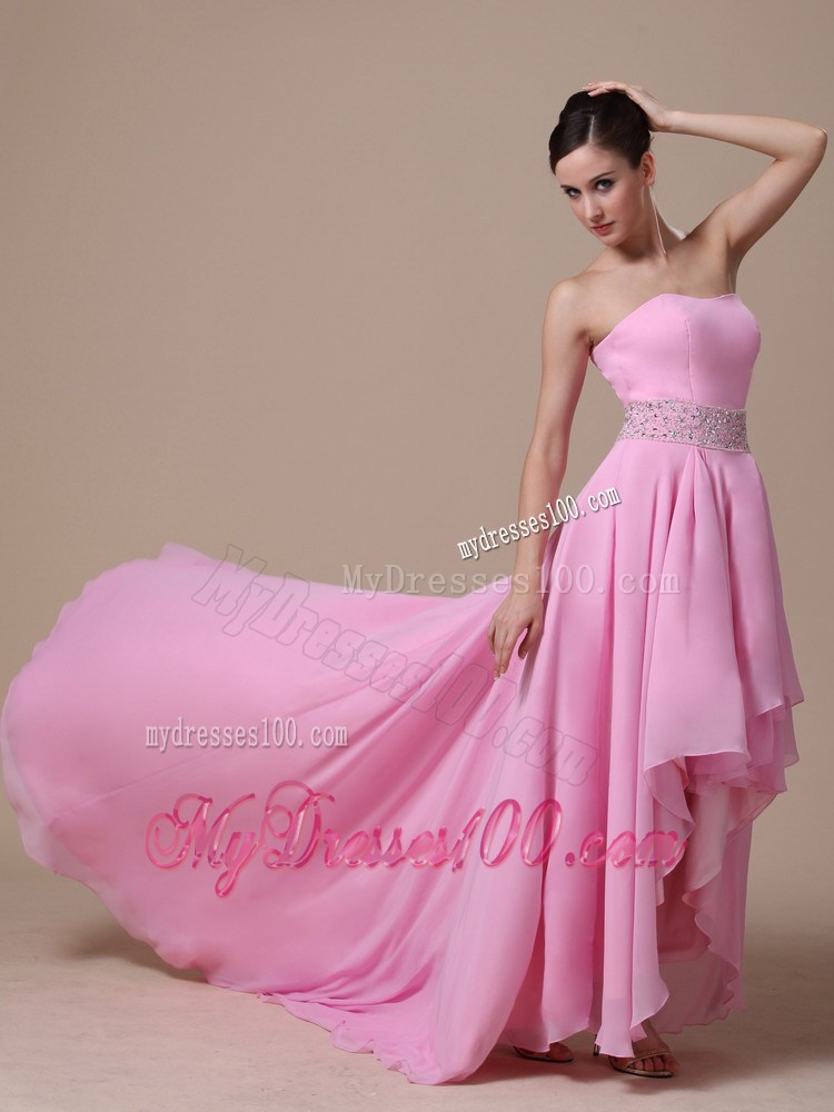 High-low Baby Pink and Beaded Decorate Waist For Prom / Evening Dress