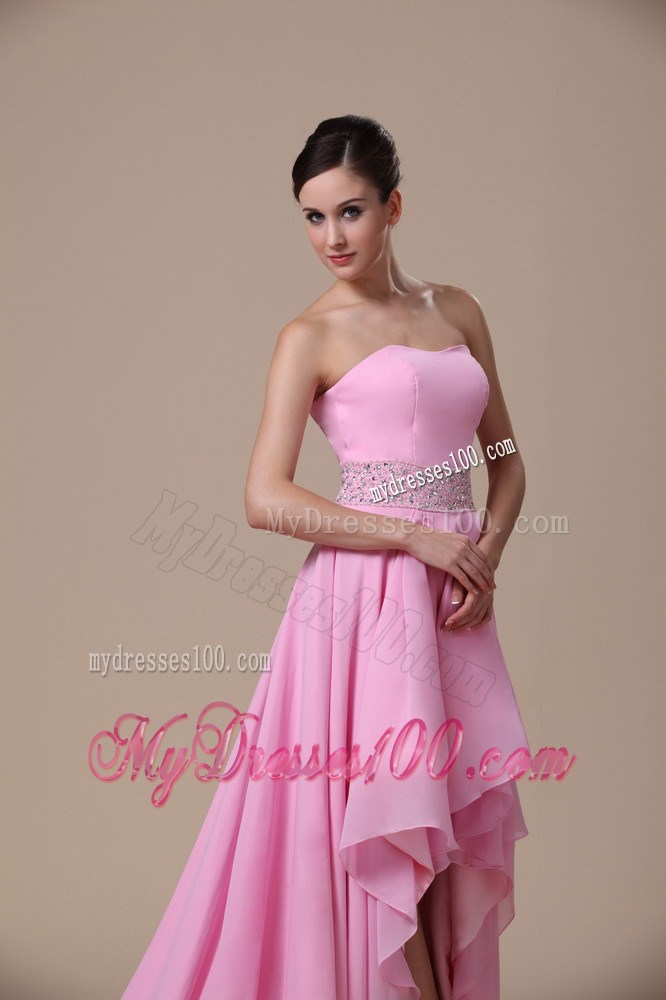 High-low Baby Pink and Beaded Decorate Waist For Prom / Evening Dress