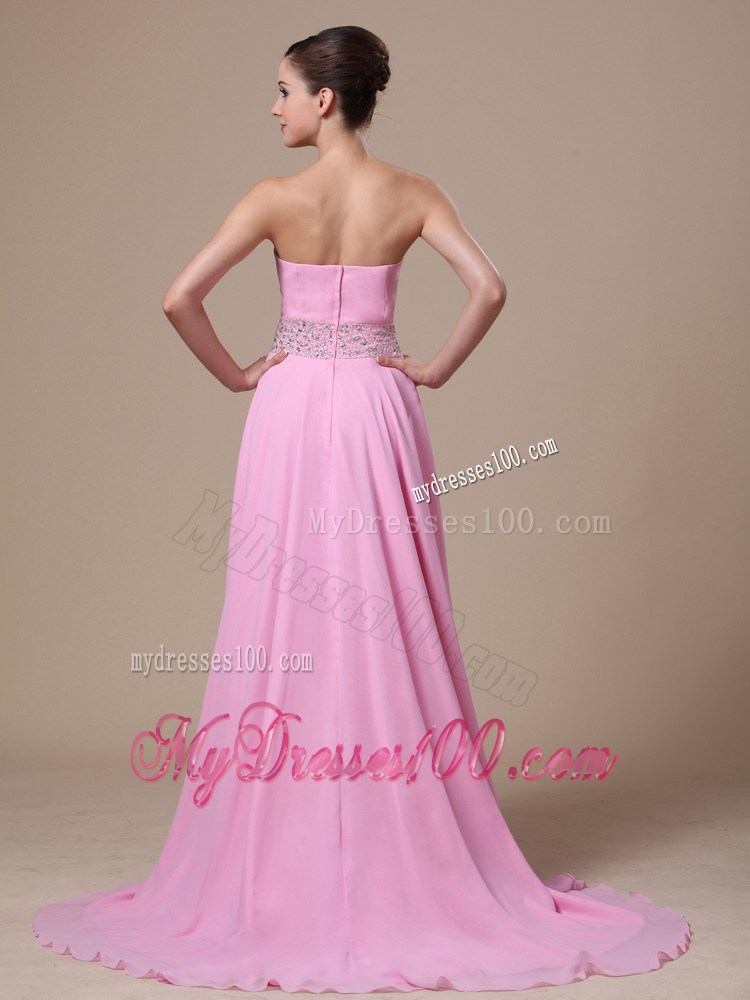 High-low Baby Pink and Beaded Decorate Waist For Prom / Evening Dress