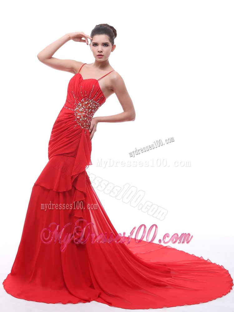 Spaghetti Straps Red Beaded Ruching 2013 Celebrity Dress With Court Train