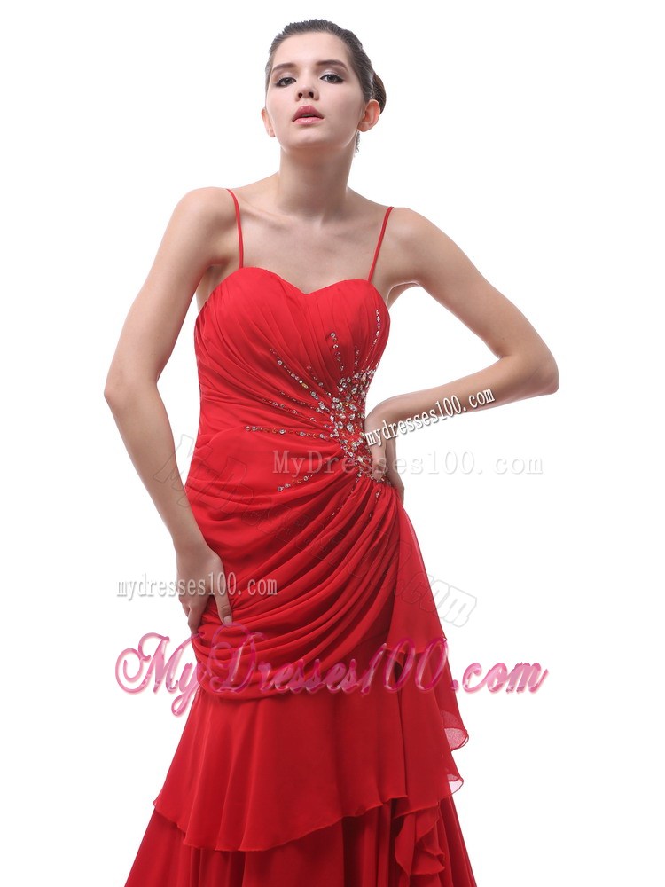 Spaghetti Straps Red Beaded Ruching 2013 Celebrity Dress With Court Train