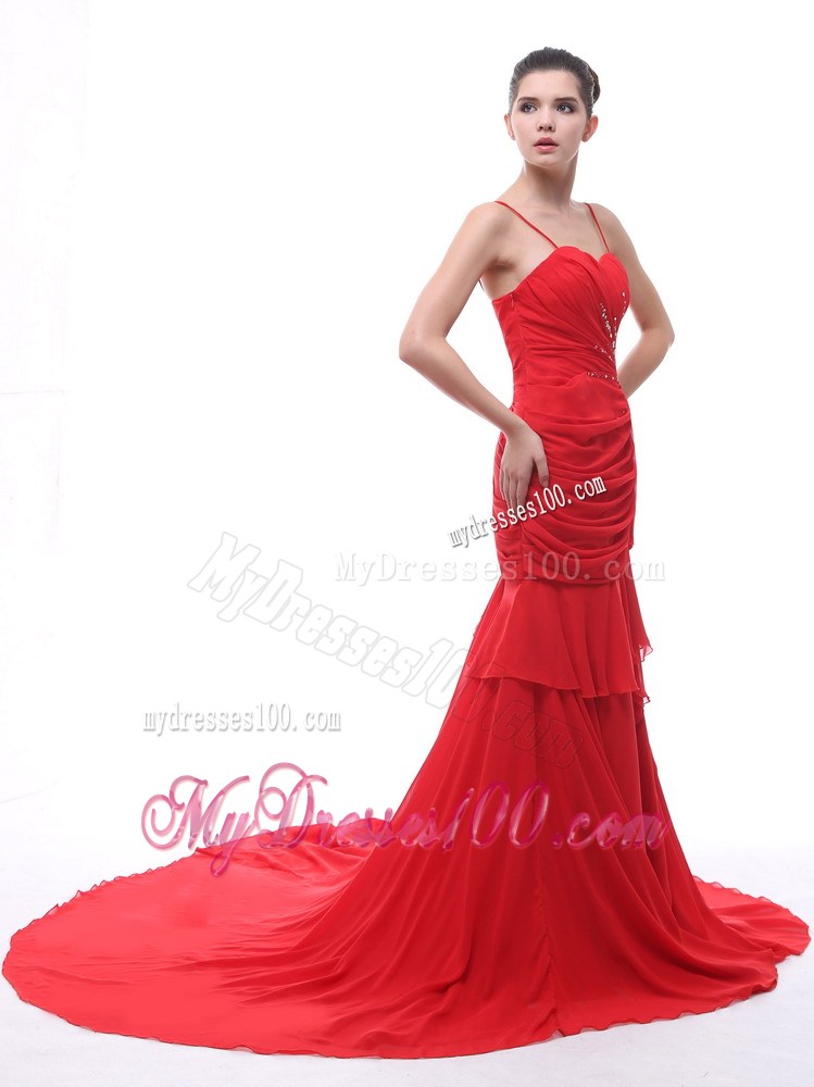 Spaghetti Straps Red Beaded Ruching 2013 Celebrity Dress With Court Train