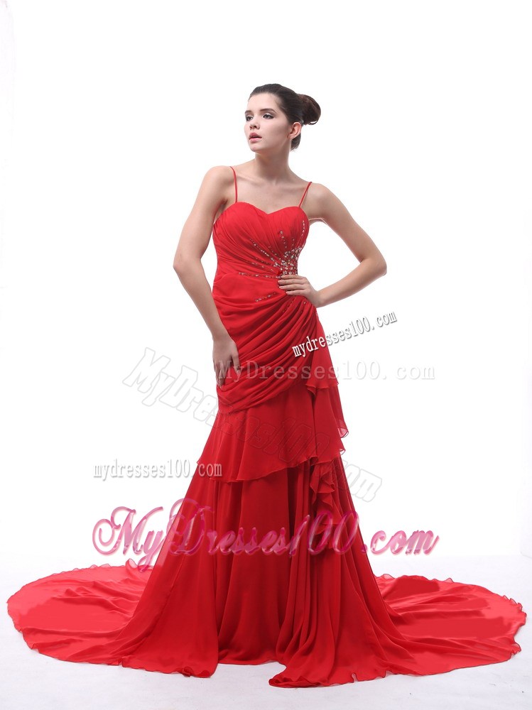 Spaghetti Straps Red Beaded Ruching 2013 Celebrity Dress With Court Train