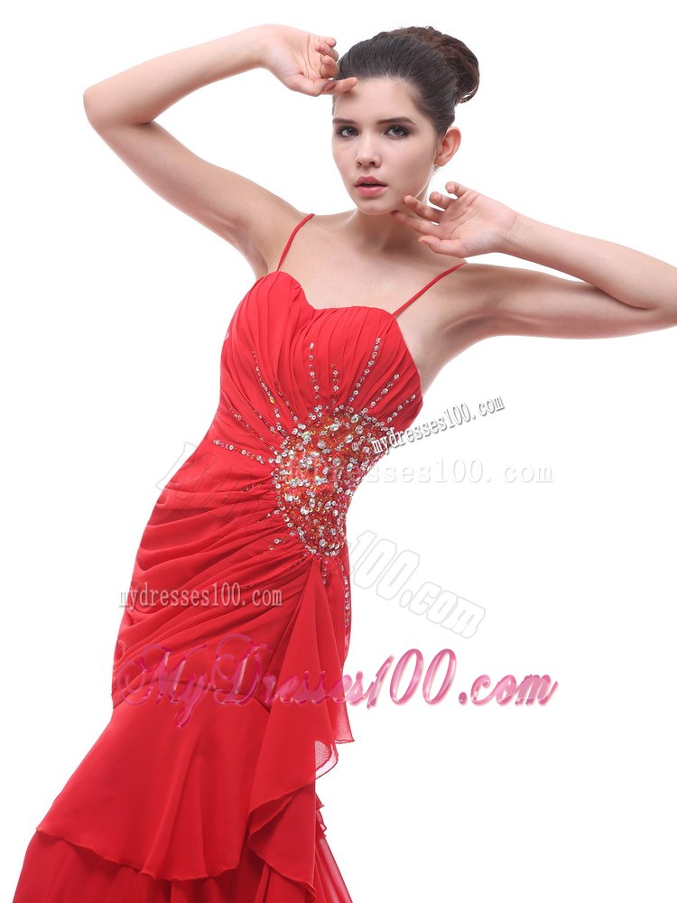 Spaghetti Straps Red Beaded Ruching 2013 Celebrity Dress With Court Train