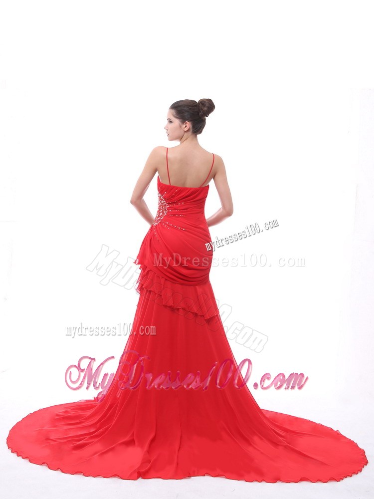 Spaghetti Straps Red Beaded Ruching 2013 Celebrity Dress With Court Train