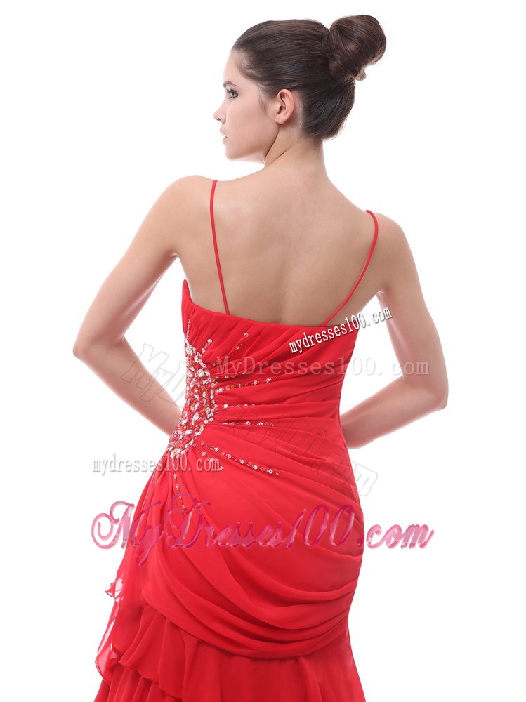 Spaghetti Straps Red Beaded Ruching 2013 Celebrity Dress With Court Train