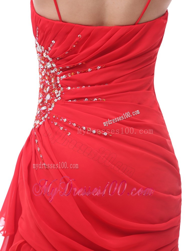 Spaghetti Straps Red Beaded Ruching 2013 Celebrity Dress With Court Train