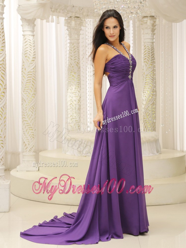 V-neck Beaded Decorate Shoulder Ruched Bodice For Modest Celebrity Dress