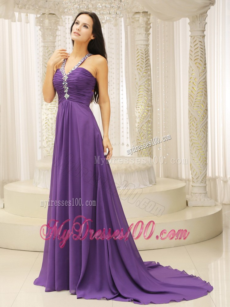 V-neck Beaded Decorate Shoulder Ruched Bodice For Modest Celebrity Dress