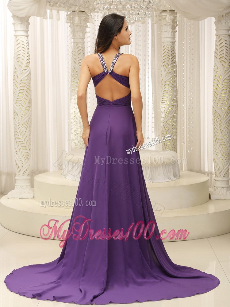 V-neck Beaded Decorate Shoulder Ruched Bodice For Modest Celebrity Dress