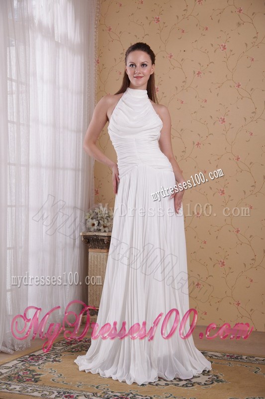 White Empire High-neck Floor-length Pleat Prom Celebrity Dress 2013