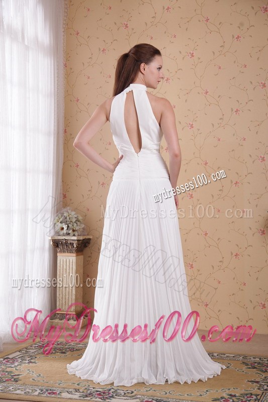 White Empire High-neck Floor-length Pleat Prom Celebrity Dress 2013